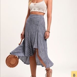 Washed blue and white striped ruffled midi skirt